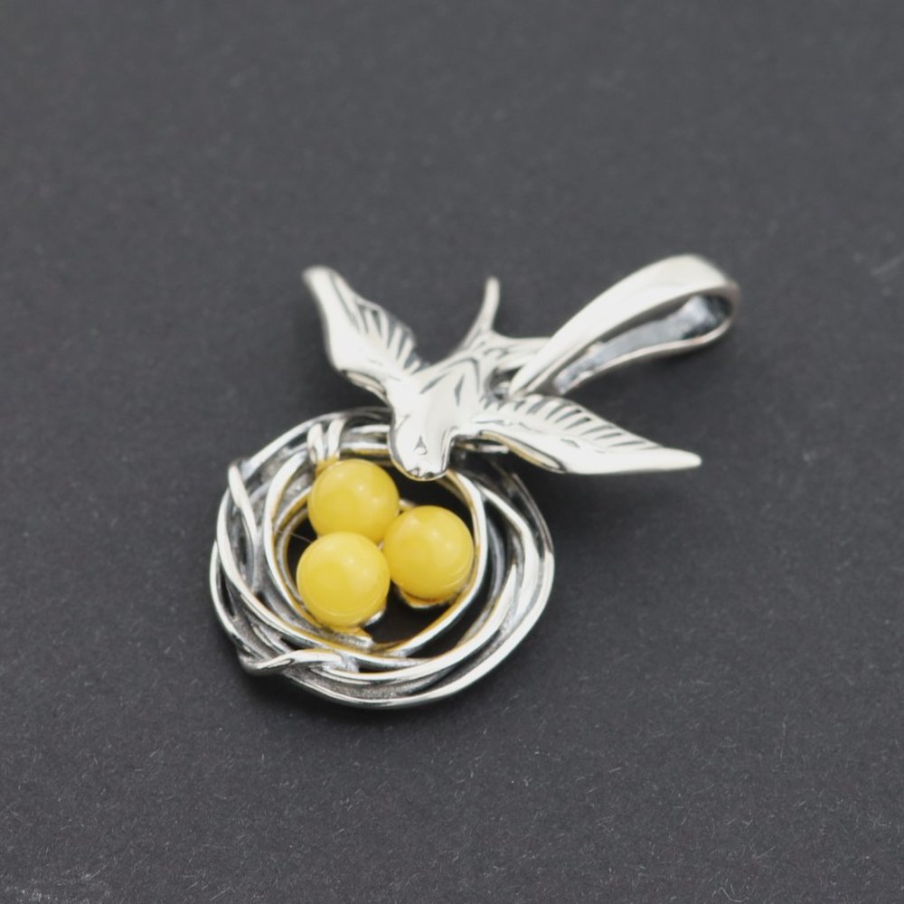 Very unique yellow amber pendant with all three parts moving, sterling silver - Picture 5 of 11